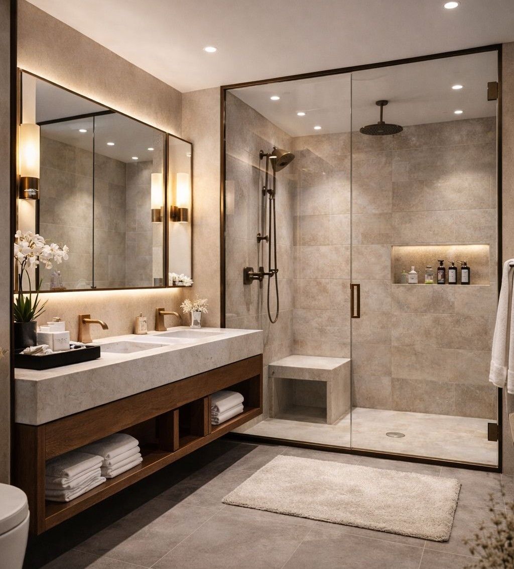Modern bathroom with walk-in shower and double vanity
