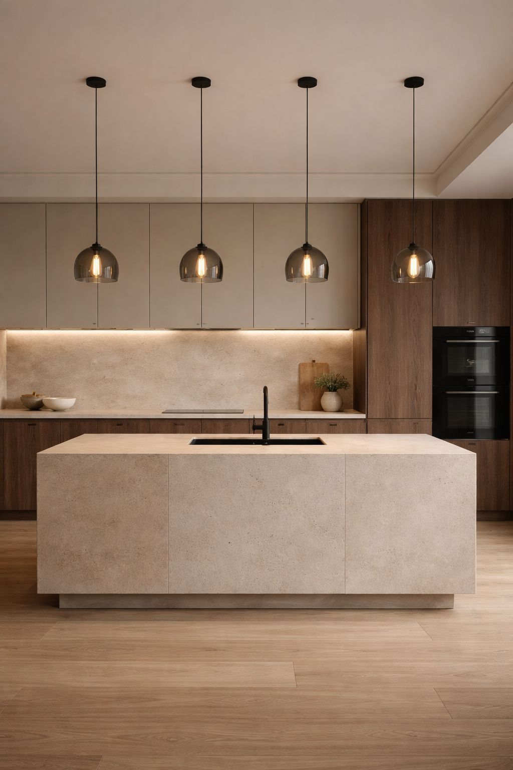 Minimal indoor kitchen with island and pendant lights