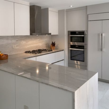 Finished kitchen island with marble countertop