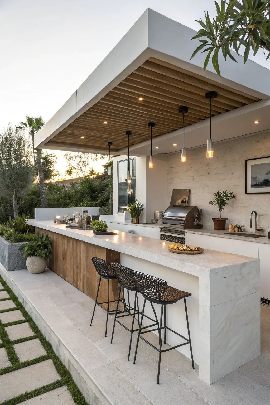 Outdoor kitchen with bar seating and greenery pergola